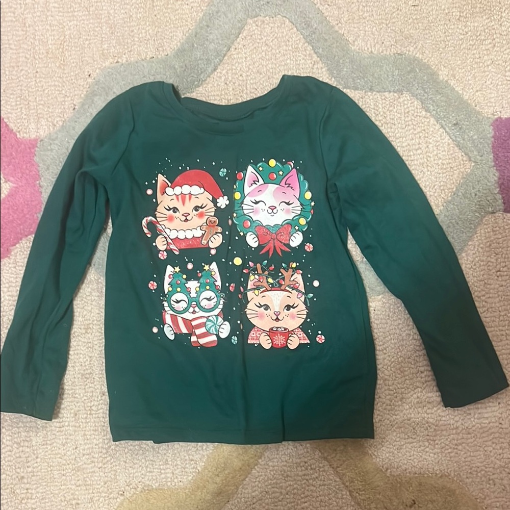 Kids' Green Cat Graphic Long Sleeve Shirt
